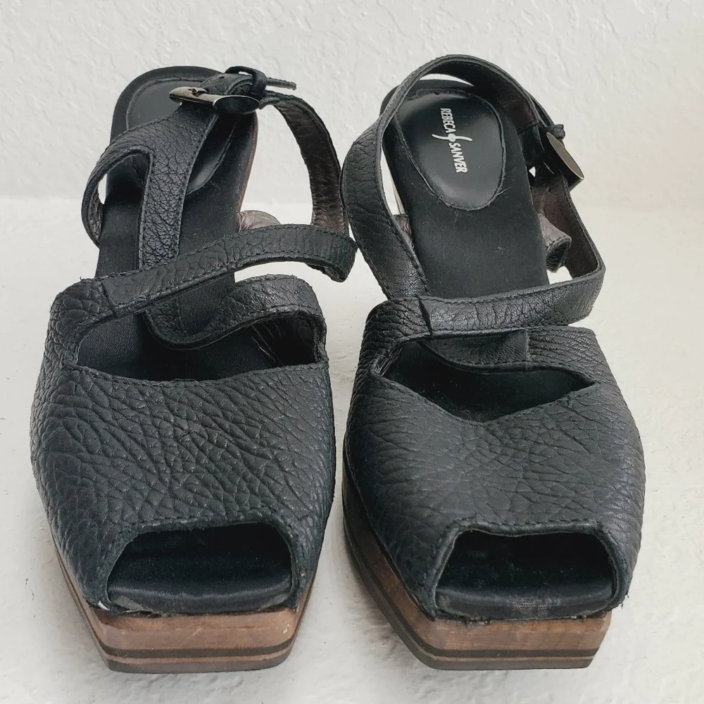 Rebeca Sanver Spain Y2K Leather Chunky Wedge Wood Platform Sandals 40EU